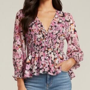 Zara Floral Smocked Peplum Blouse 3/4 Sleeve V-Neck Top Medium